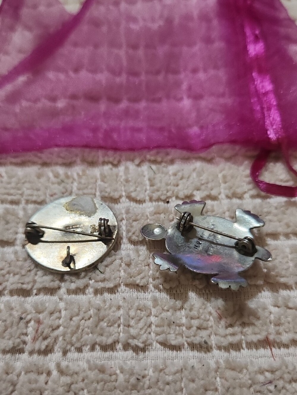 Vintage Abalone Shell Turtle & Ocean Stud Pins Silver Tone, Blue Accent - Picture 3 of 4